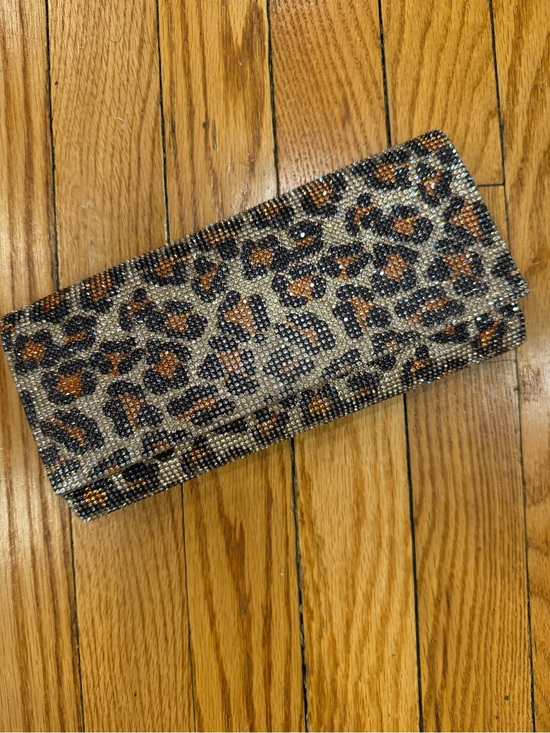 Nina Shoes Handbags - Nina Shoes Leopard Crystal Embellished Clutch in Brown and Black